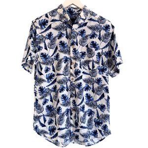 Rails Carson Vista Del Mar White Blue Palm Leaf Linen Blend Button Camp Shirt M